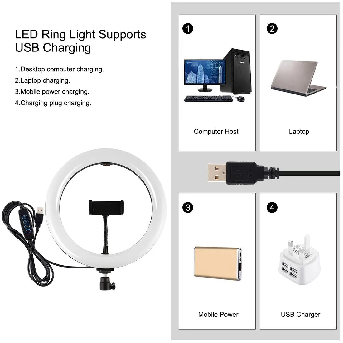 10.2" Ring Light with Tripod | USB | 3 Modes | Dual Colour Diffuse Light | Phone Clamp with Remote | Black