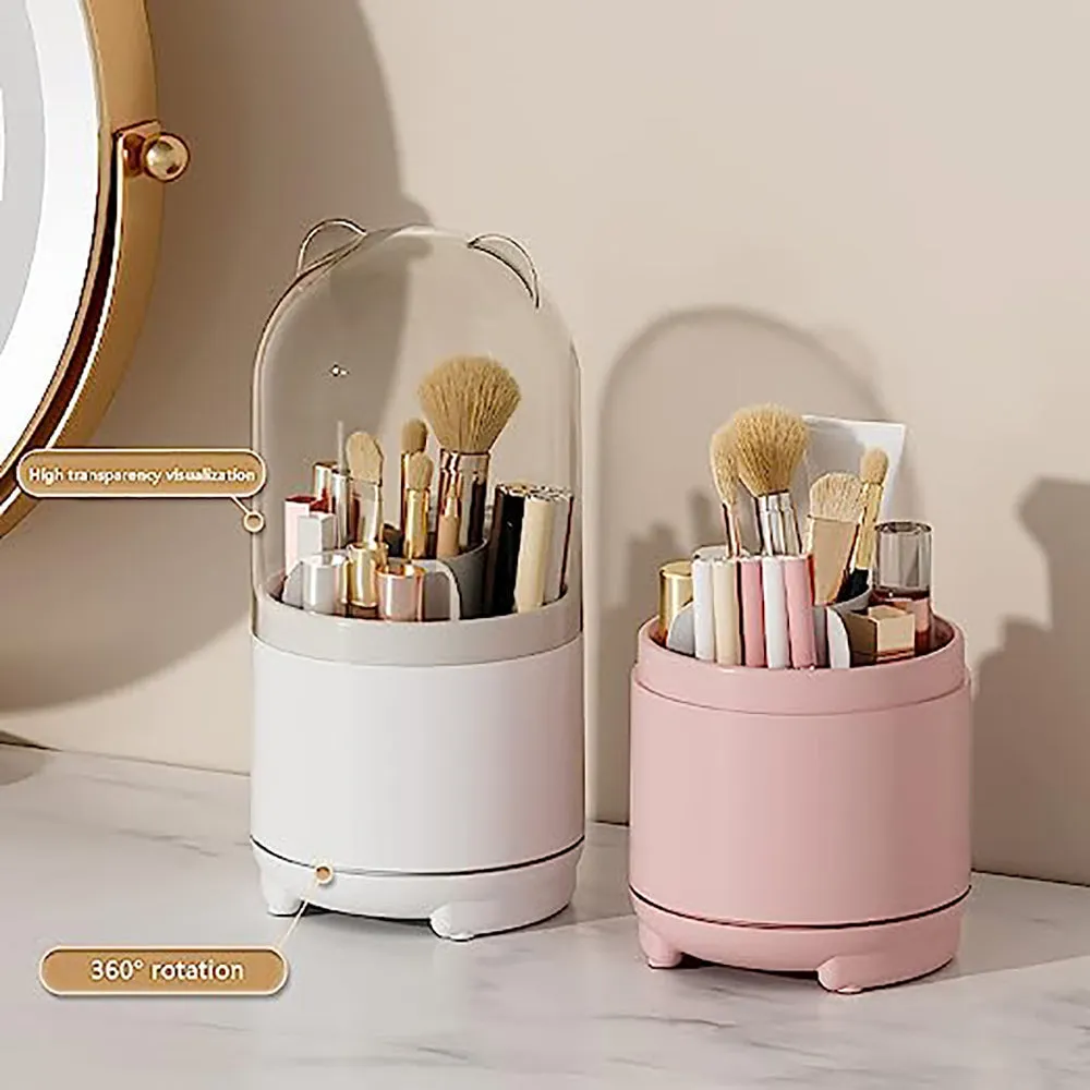 360° Rotating Makeup Brush Bucket | Transparent Dust-proof Cosmetic Storage Box (White)