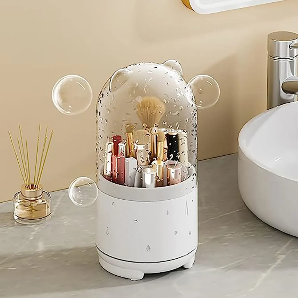 360° Rotating Makeup Brush Bucket | Transparent Dust-proof Cosmetic Storage Box (White)