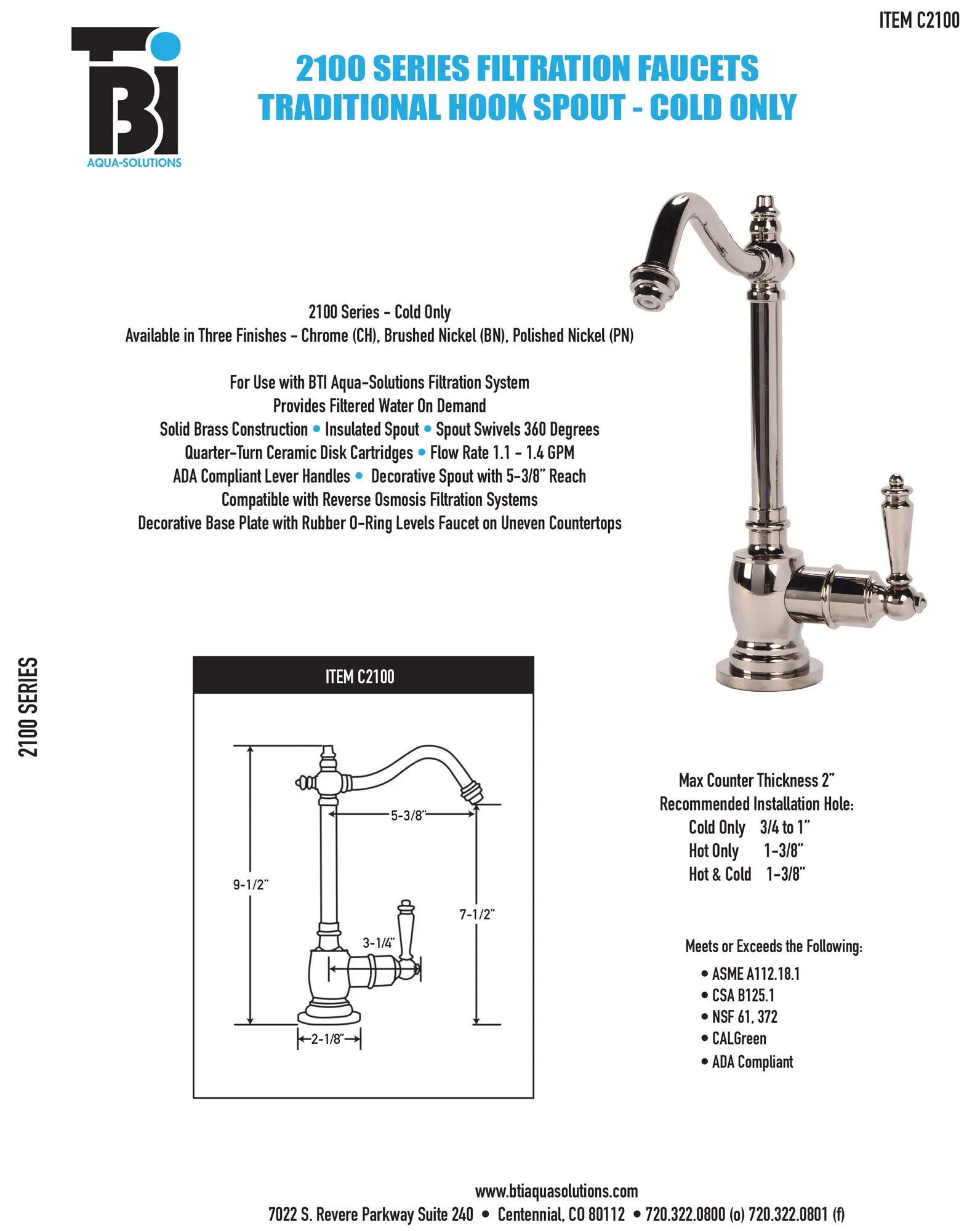 BTI FL-C2100 Traditional Hook Spout Cold Only Filtration Faucet with Filtration System