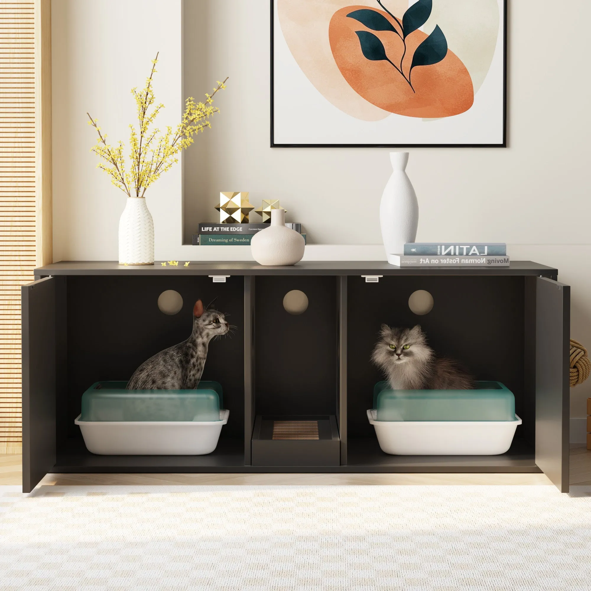 Double Cat Litter Box Enclosure with Sisal Doors and Storage