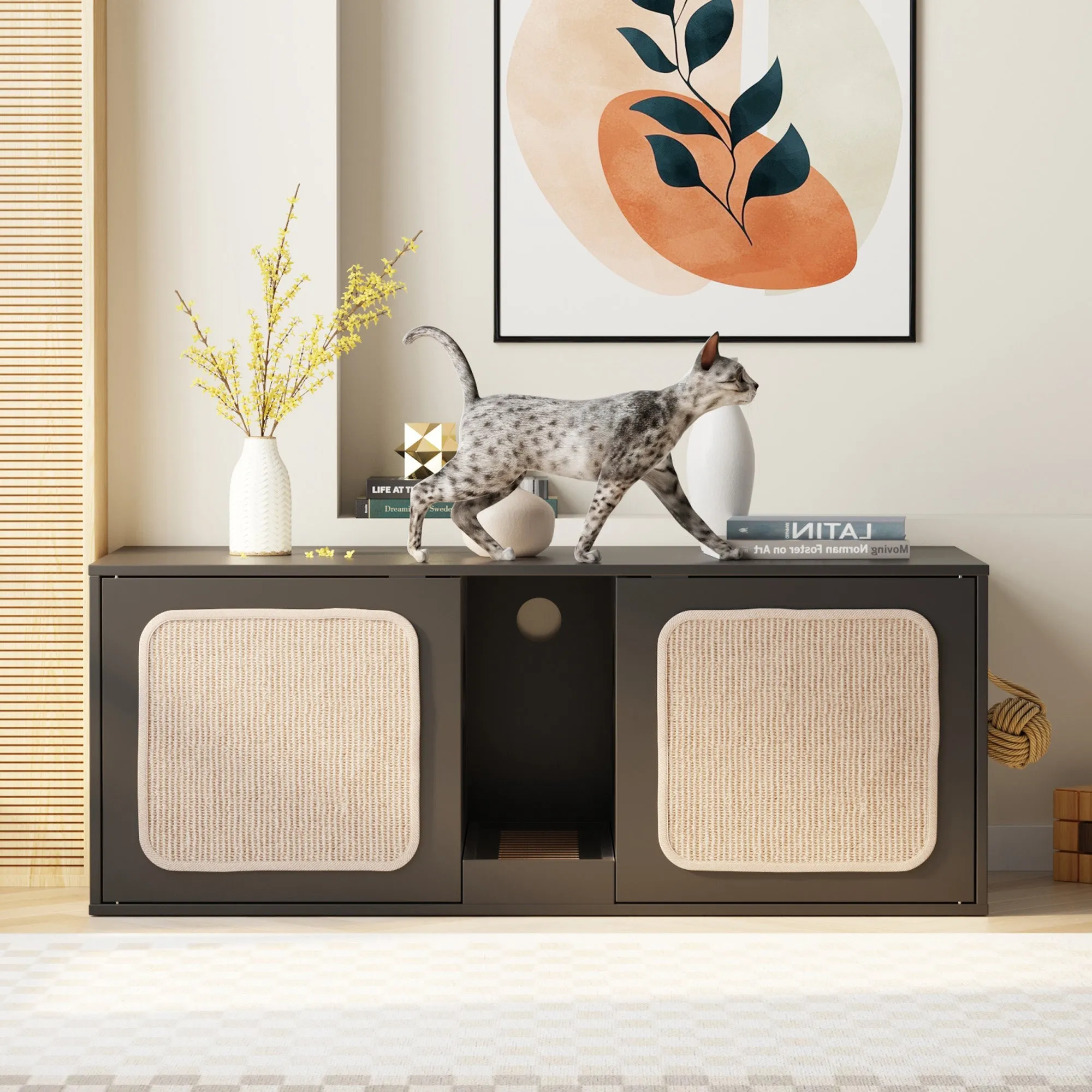 Double Cat Litter Box Enclosure with Sisal Doors and Storage