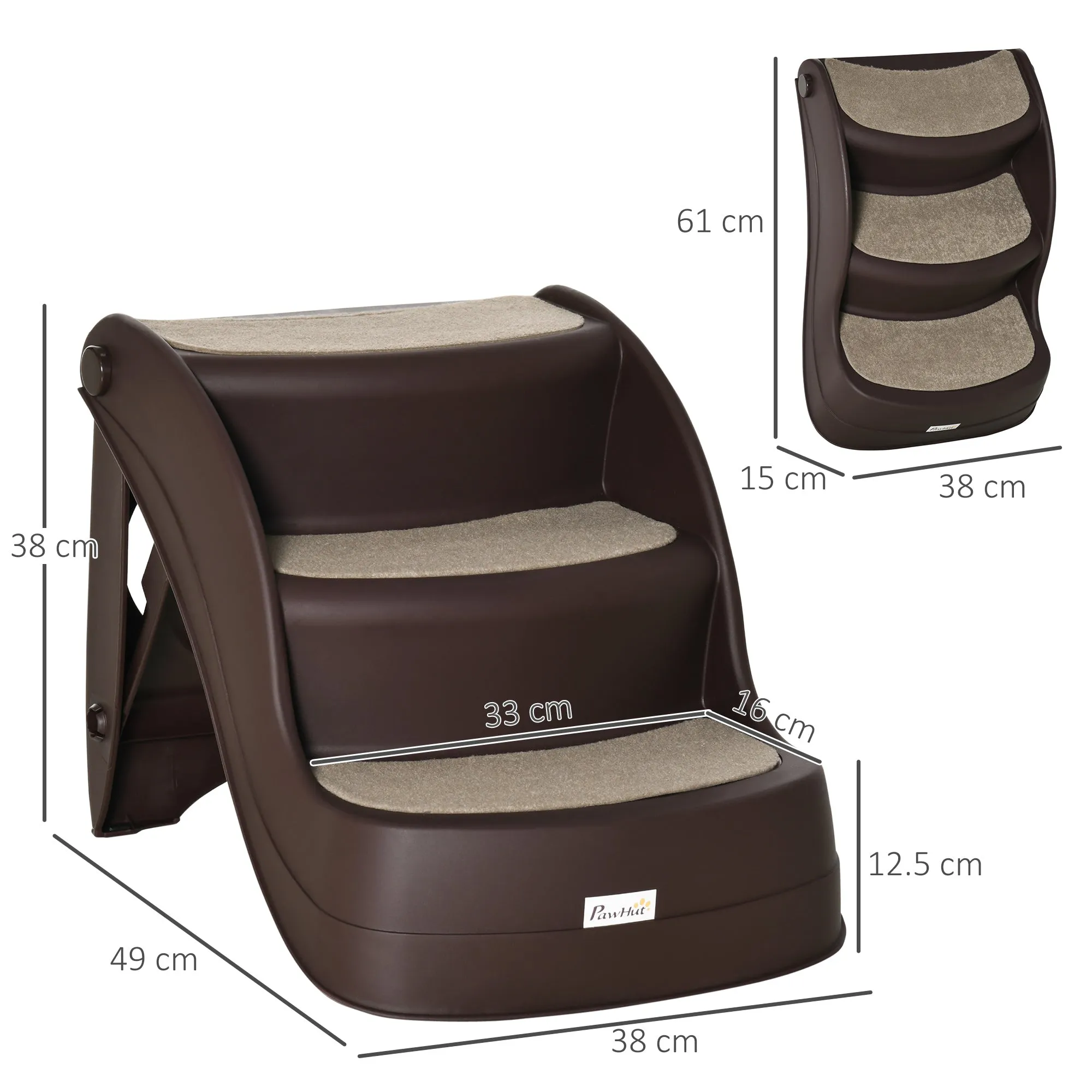 Foldable Pet Stairs Portable Dog Steps 3-Step Design with Non-slip Mats for High Beds Sofas 49 x 38 x 38 cm Brown
