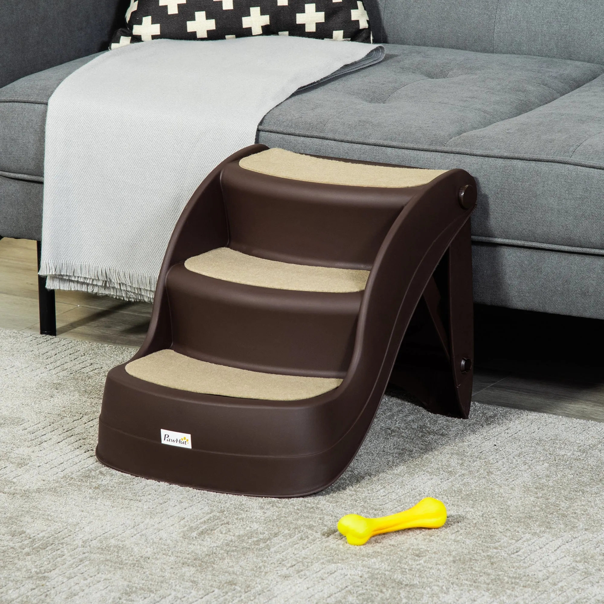 Foldable Pet Stairs Portable Dog Steps 3-Step Design with Non-slip Mats for High Beds Sofas 49 x 38 x 38 cm Brown