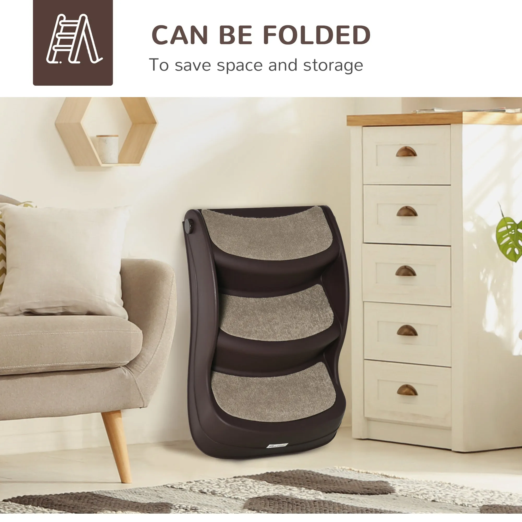 Foldable Pet Stairs Portable Dog Steps 3-Step Design with Non-slip Mats for High Beds Sofas 49 x 38 x 38 cm Brown