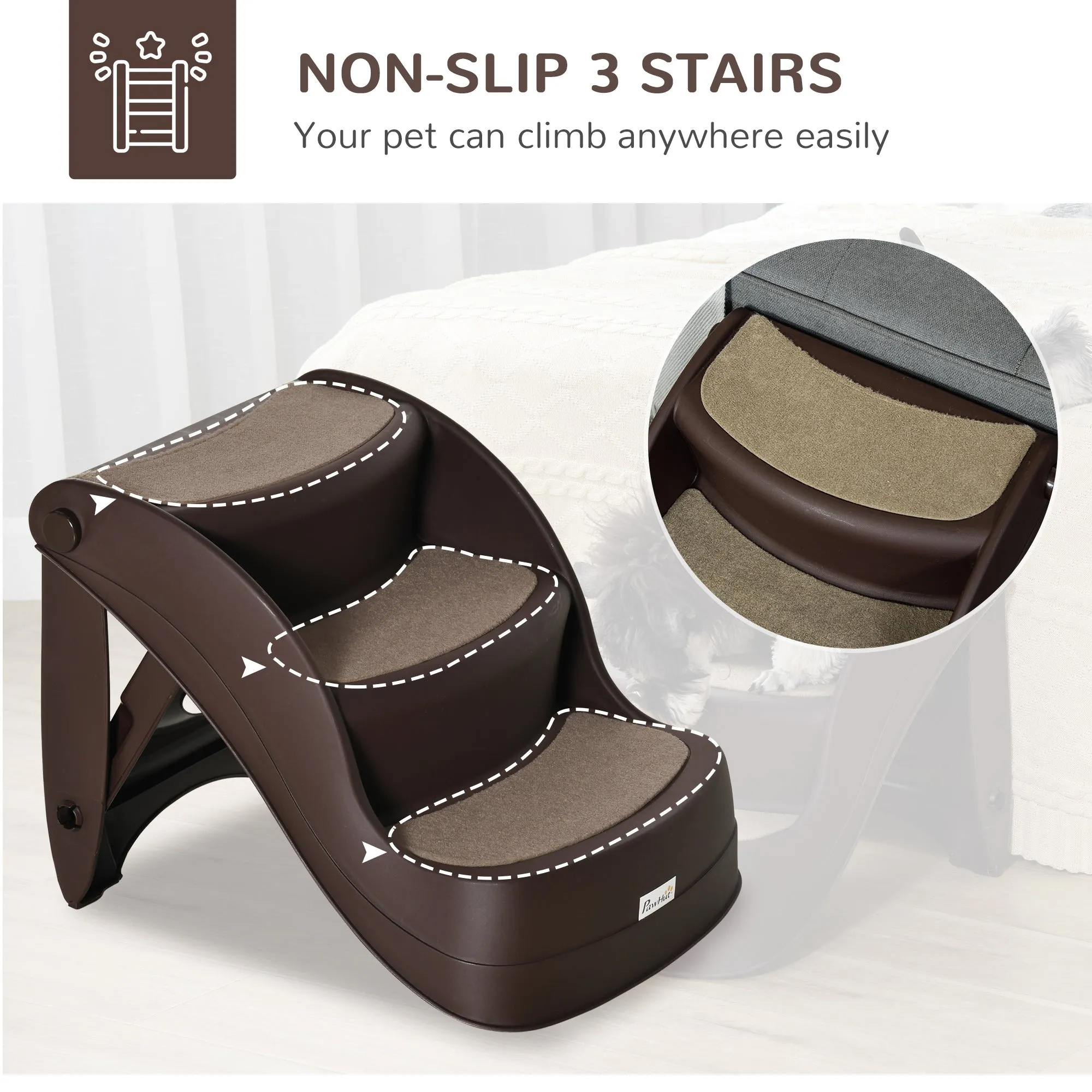 Foldable Pet Stairs Portable Dog Steps 3-Step Design with Non-slip Mats for High Beds Sofas 49 x 38 x 38 cm Brown