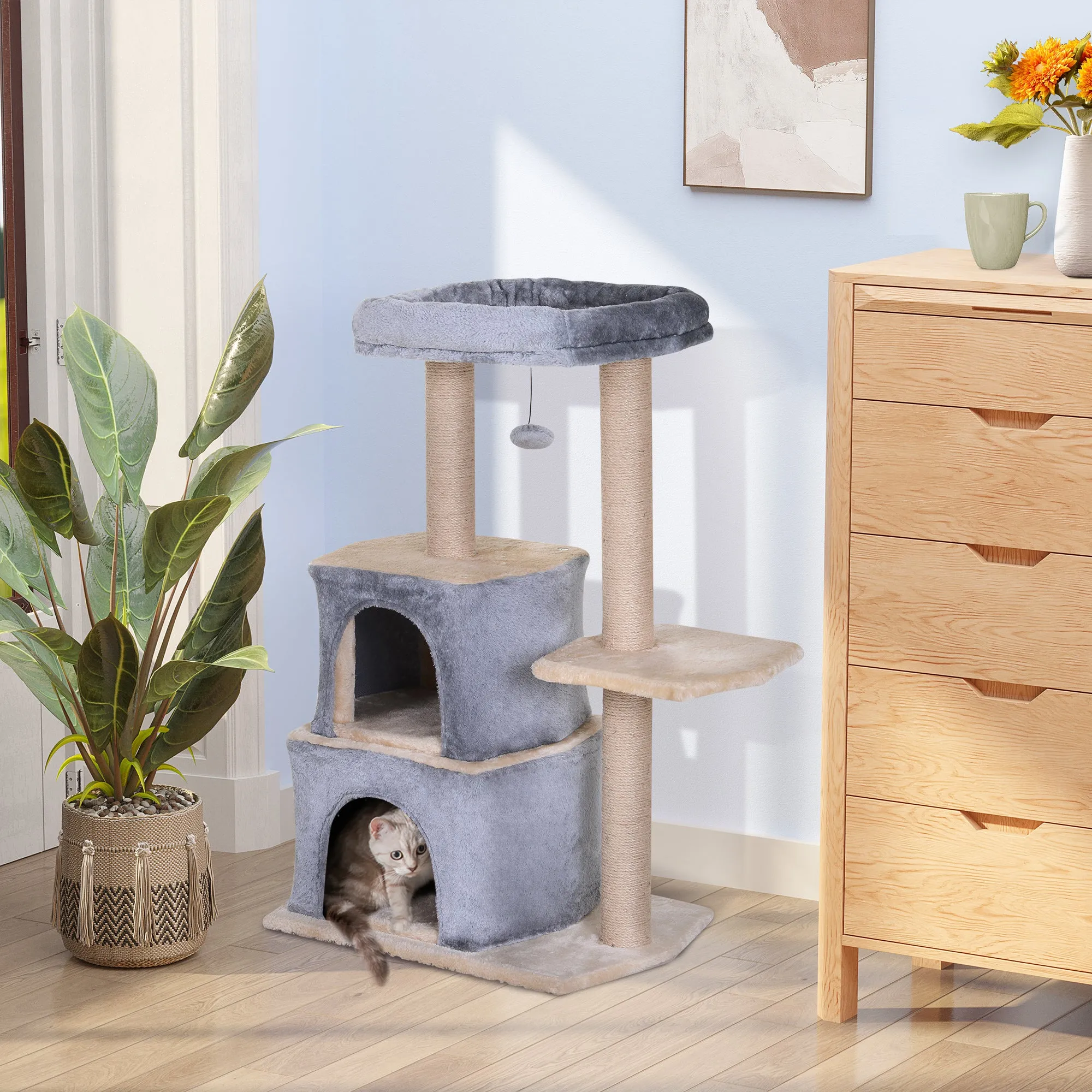 PawHut Multi-Level Cat Activity Tree w/ Sisal Scratching Post Hut House Perch