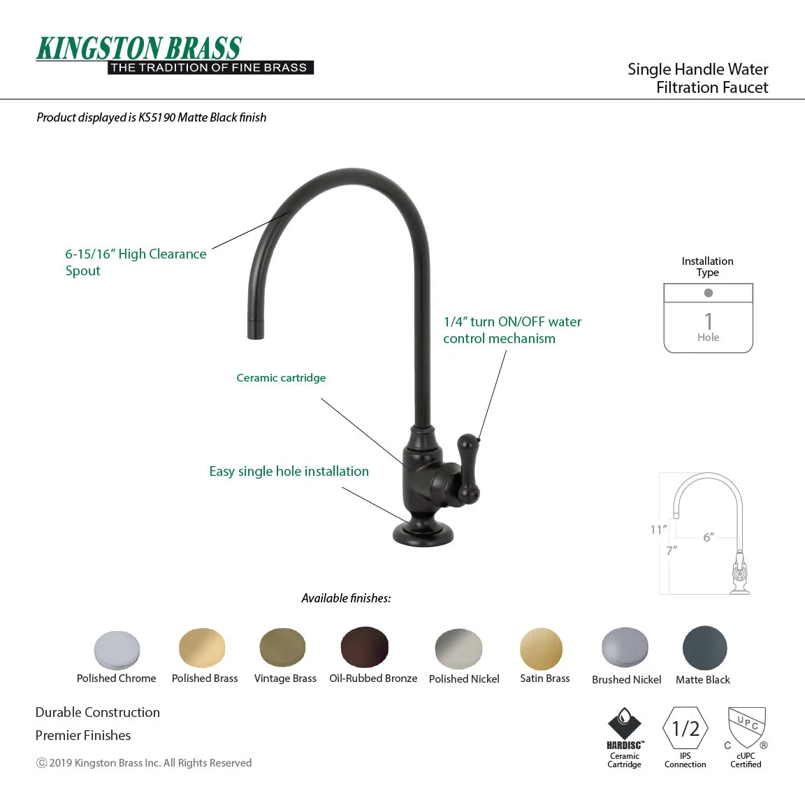 Royale KS5192AL Single-Handle 1-Hole Deck Mount Water Filtration Faucet, Polished Brass