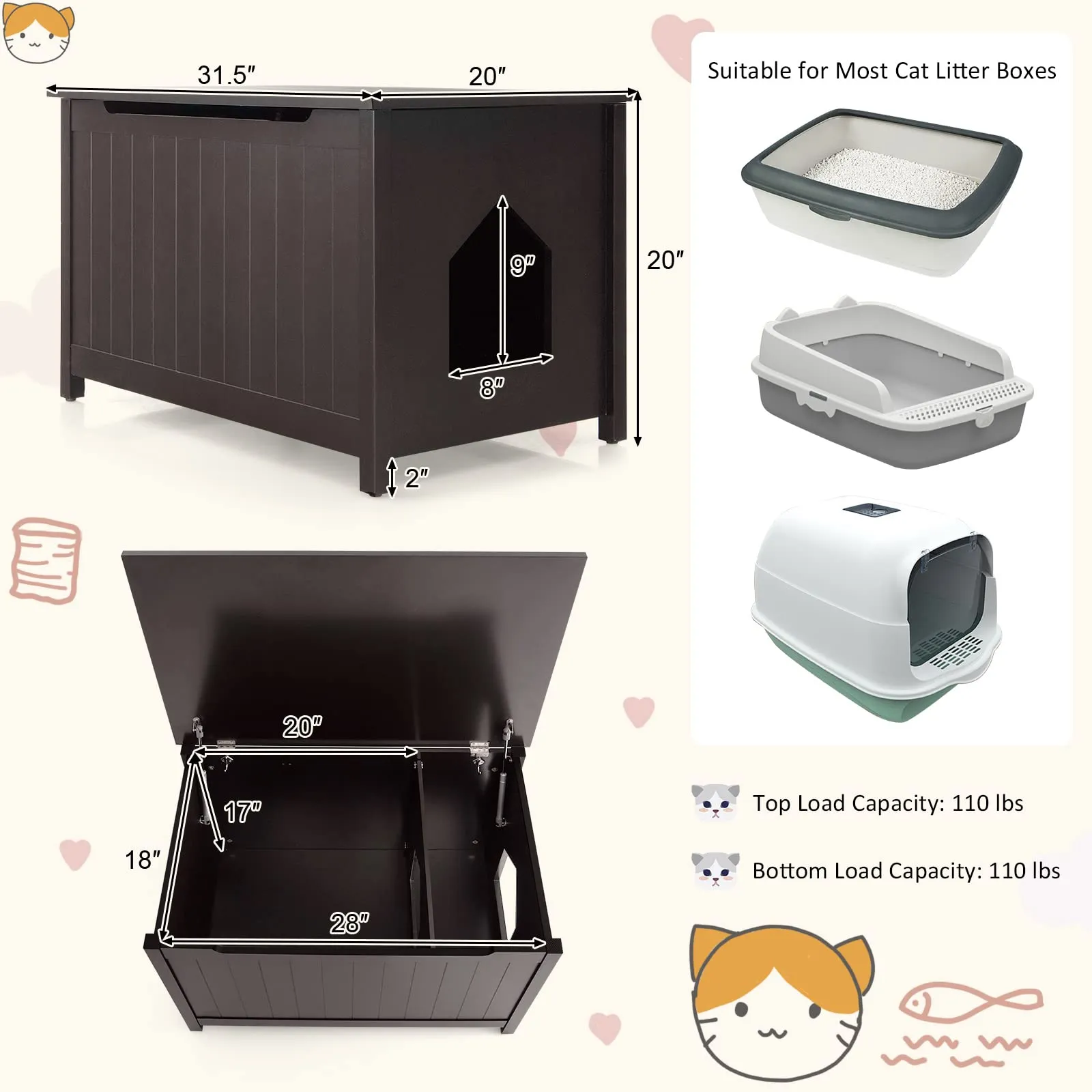 Tangkula Cat Litter Box Enclosure, Flip Top Hidden Cat Washroom with Removable Divider