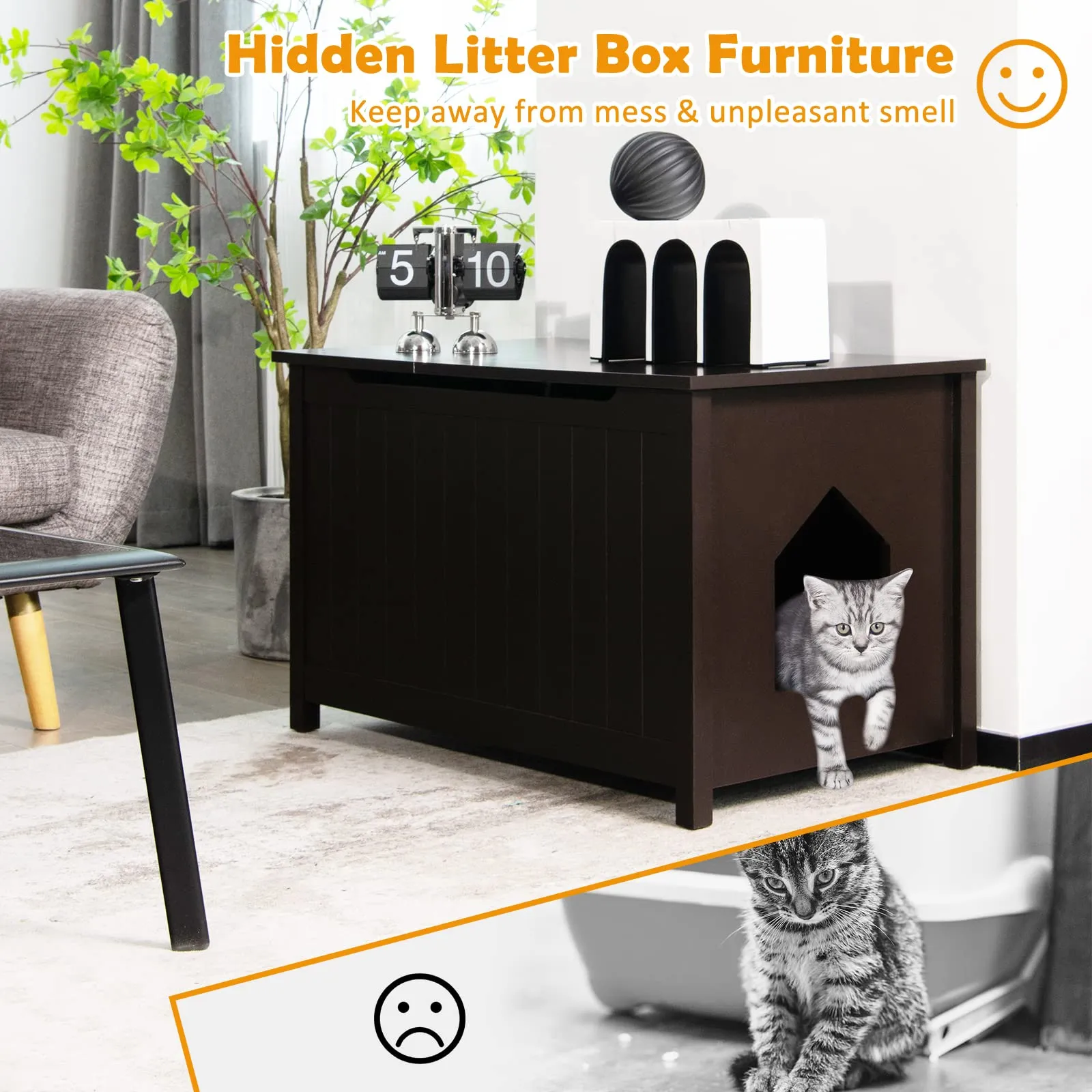 Tangkula Cat Litter Box Enclosure, Flip Top Hidden Cat Washroom with Removable Divider